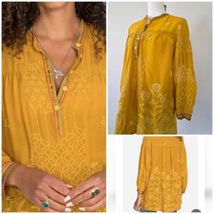 Johnny Was Garland Leta Tunic Top Embroidered Floral Mustard Yellow Size S M L